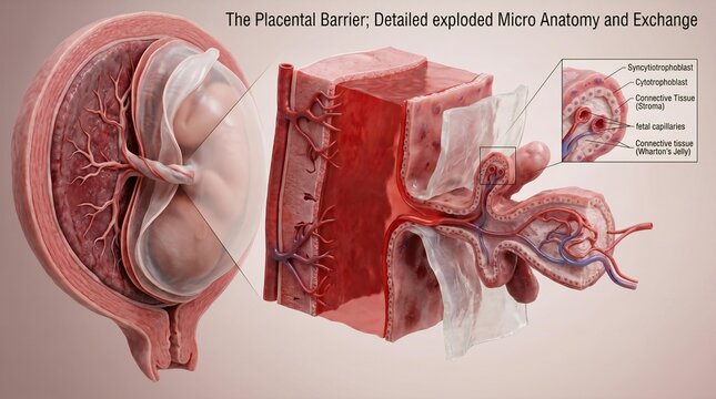Placental Barrier Cellular Anatomy Illustration &ndash; Human Placenta Structure, Maternal Fetal Exchange and Pregnancy Biology Concept