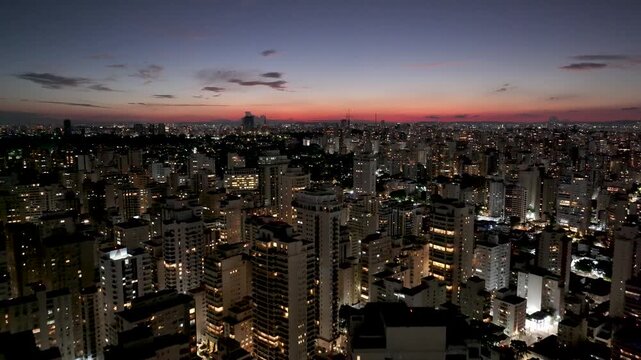 Sao Paulo Skyline In Sao Paulo Brazil. Aerial View Of A High-Rise Buildings And Traffic Showcasing Urban Life. Sunset Downtown Cityscape. Golden Hour Skyline. Sao Paulo Brazil.