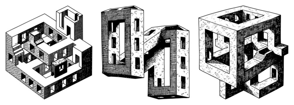 Impossible isometric architectural cubes with staircases and windows in vintage engraving style