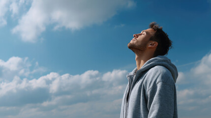 Fototapeta premium Young man taking a deep breath and closing eyes, finding relaxation and inner peace under open clear blue sky with soft white clouds, embracing freedom, mindfulness