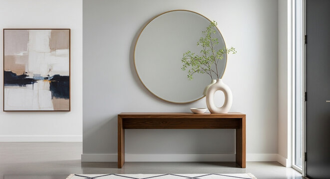 Modern entryway with round mirror and console table