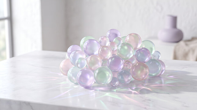 iridescent glass spheres cluster on white marble table in bright modern interior room