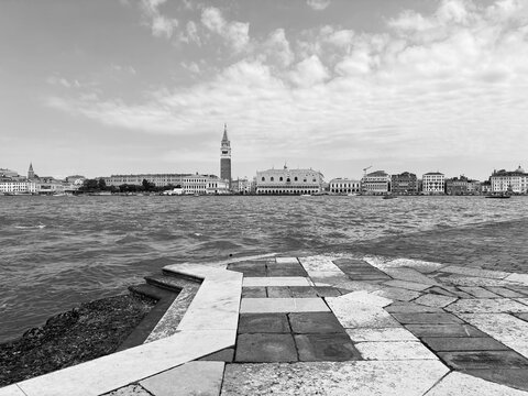 Wide angle view of Venice lagoon and St Mark Campanile, black and white
