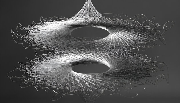 Abstract 3D rendering of metallic fiber rings and swirling wires on dark background