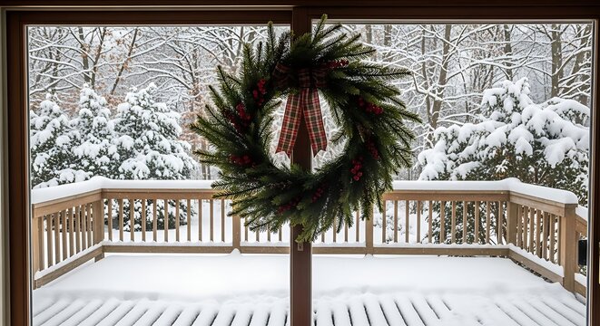 Christmas wreath on snowy deck with winter forest view