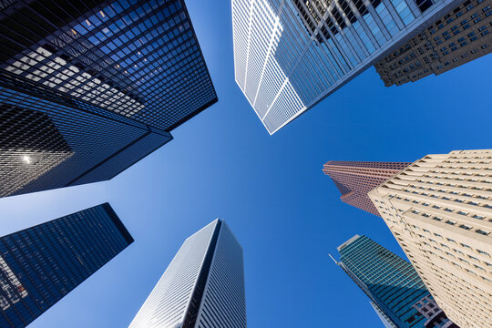 Dramatic low-angle view of Toronto financial towers