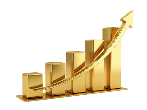Shiny golden rising bar chart with upward arrow