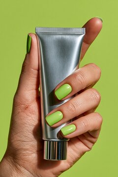 A manicured female hand with green nail polish holds a blank silver cosmetic tube against a soft green background for skincare packaging mockup.