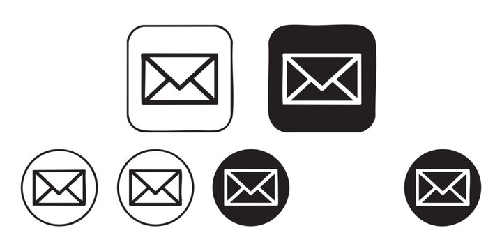 Group of six email envelope icons in squares and circles for interface design and web development.