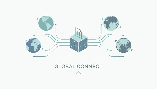 Diagram of "Global Connect" with a central data processing cube linked to four globe icons, symbolizing worldwide digital connectivity and data exchange.
