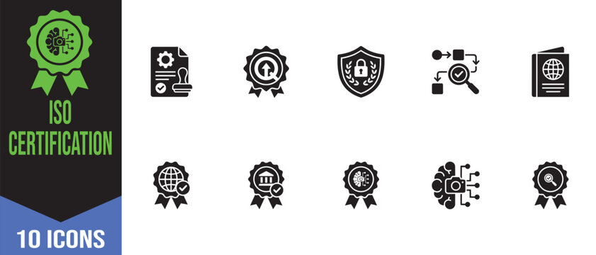 Professional set of iso certification stamps badges and compliance verification icons showcasing quality management systems audit results secure data processing and business standards.