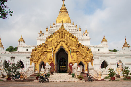 Golden Buddhist temple entrance in Myanmar, southeast Asia