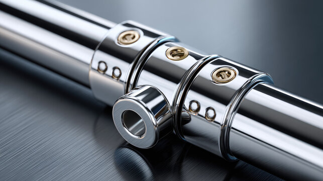 Chrome metal details forming a sleek connection system with gold colored fasteners on a brushed metallic background, embodying precision engineering and modularity concepts