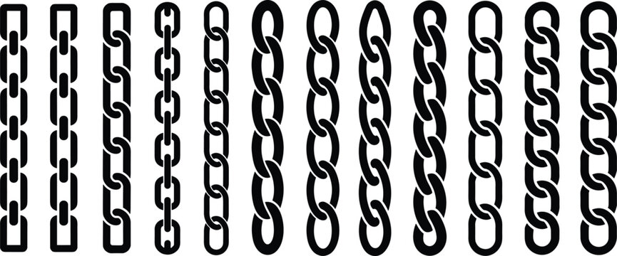 Black chain link silhouettes vector set with industrial metal chains patterns and seamless connection border design elements