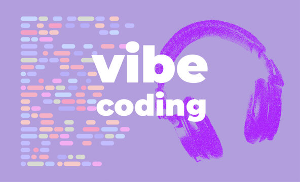 Stylized JavaScript Code and headphones on Purple Background Representing Vibe Coding Concept in Modern AI-Powered Development
