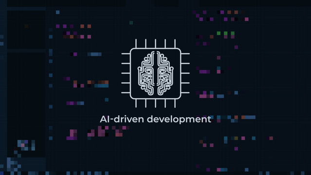 Stylized JavaScript Code on Digital Background with Brain and Microchip Symbol Representing AI-Driven Software Development and Machine Learning Programming