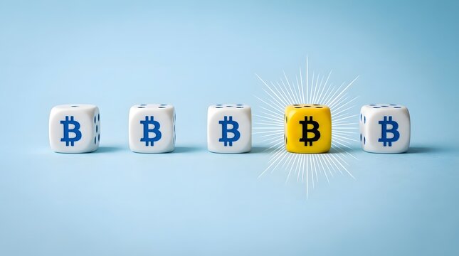 Bitcoin dice with one yellow outlier on light blue background standing out from the crowd cryptocurrency concept