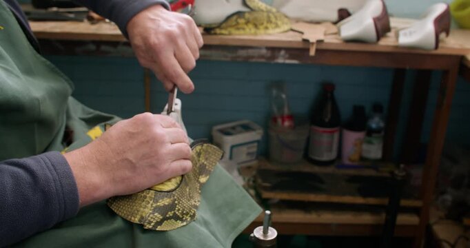 Footwear manufacturing. Shoes factory. Unrecognizable professional craftsman hands shaping leather material using lasting pincers in workshop.
