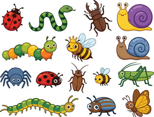 Cute cartoon insects and bugs vector characters set with ladybug caterpillar snail bee spider and butterfly © Moner