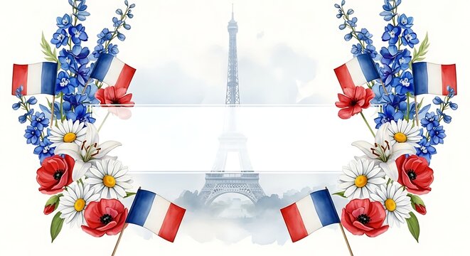 Floral frame with french flags and landmark for bastille day