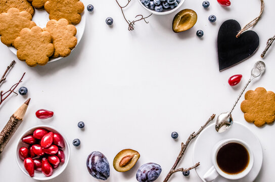 Autumn Breakfast with biscuits, coffee and berries flat lay