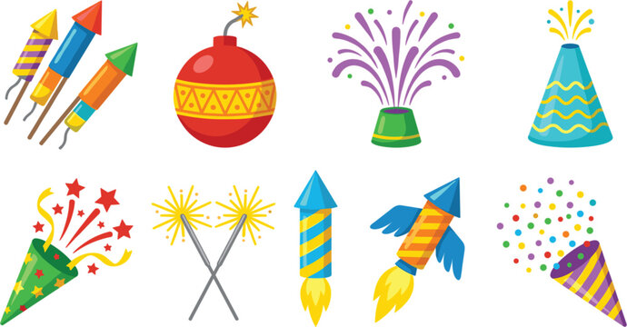 Colorful fireworks and party crackers vector icon elements set with rockets poppers sparklers bomb and confetti