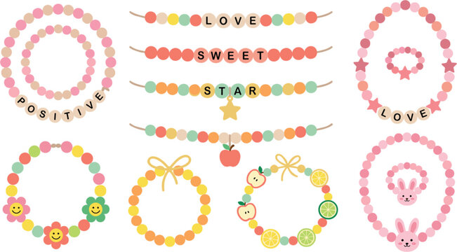Cute beaded bracelet and necklace vector elements set with custom letter beads flowers stars and fruits