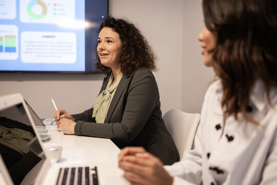 Women coworking team meeting with laptop and presentation
