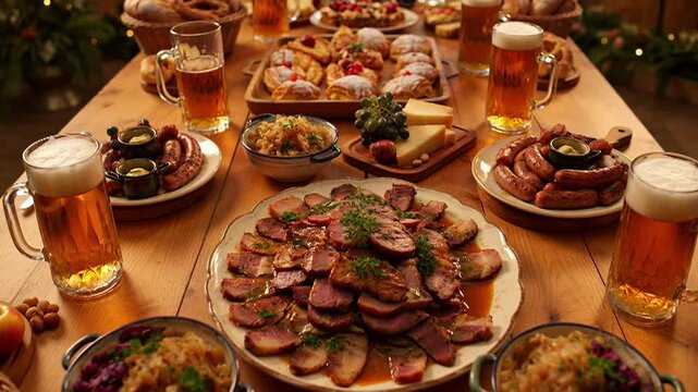 Abundant German Feast with Sausages, Pretzels, and Beer on Wooden Table