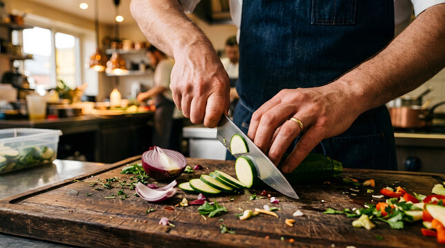 Professional Chef Using Sharp Kitchen Knife to Slice Fresh Zucchini and Red Onion on Rustic Wooden Cutting Board