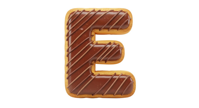 Chocolate glazed letter e made of donuts isolated on transparent background