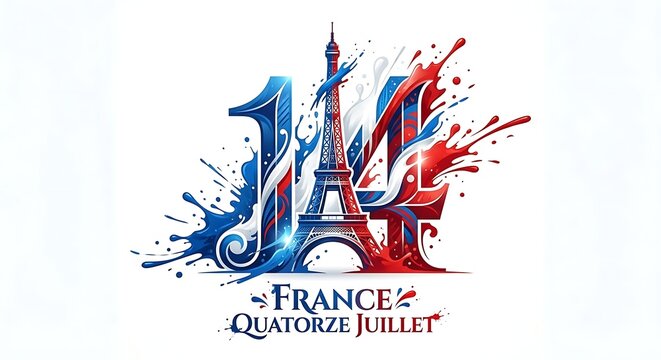 Bastille day graphic featuring tricolor paint splashes and monument