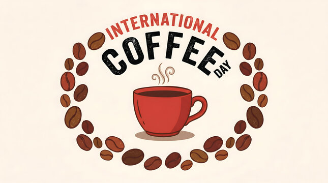International Coffee Day Celebration - Hot Coffee Cup Surrounded by Beans