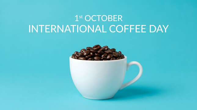 International Coffee Day - White Cup Filled with Roasted Coffee Beans on Blue Background