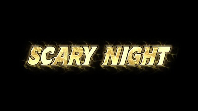 SCARY NIGHT Text fire glow Animation on black background landscape 4k video