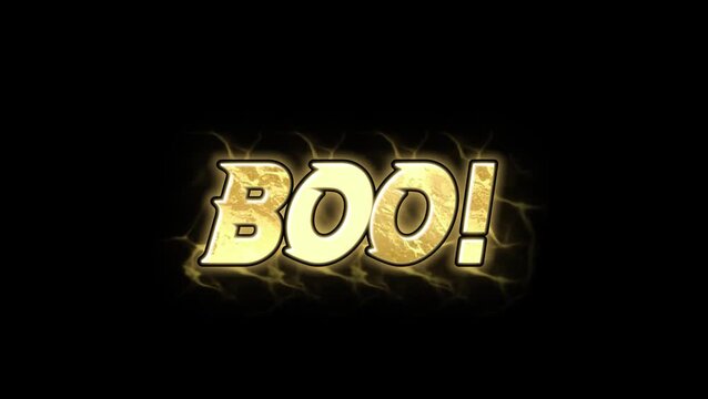 BOO! Text fire glow Animation on black background landscape 4k video