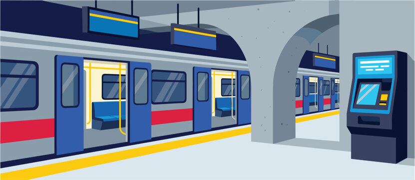 Modern underground subway metro station platform with train doors open and automatic ticket vending machine vector illustration