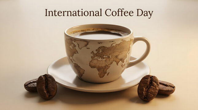 International Coffee Day: Global Coffee Cup with World Map Design and Beans