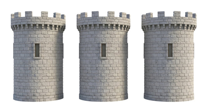 Three medieval stone towers with battlements and narrow windows isolated on transparent background for compositing
