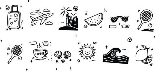 A creative collection of hand drawn summer travel vector icons featuring vacation themes like tropical palms, airplanes, and refreshing fruits © Arun