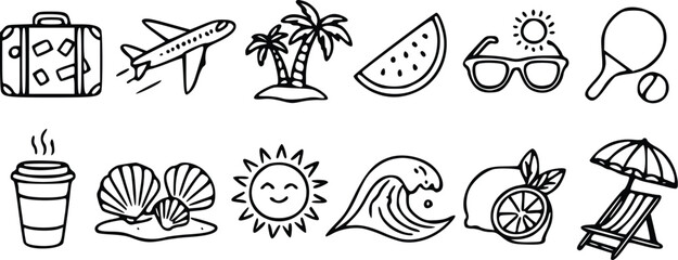 A collection of black and white hand drawn vector illustrations featuring various travel vacation and summer season themed icons © Arun