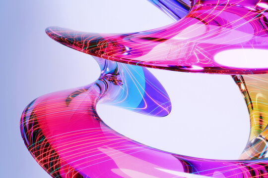 fluid glass sculpture with bright pink and neon blue colors, featuring glowing digital lines. Futuristic glossy spiral element on a clean gradient background for modern tech design.