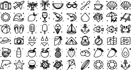 A creative vector illustration set featuring hand drawn black ink icons depicting various summer vacation holiday and beach travel themes © Arun