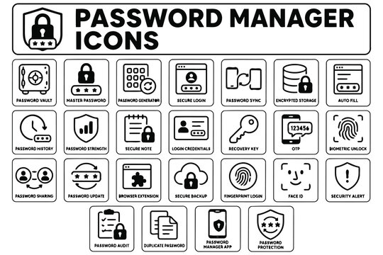 Set of black and white password manager security icons Vector