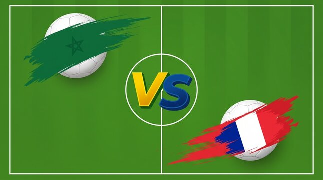 Morocco vs France Soccer Match Poster with Country Names on Green Field
