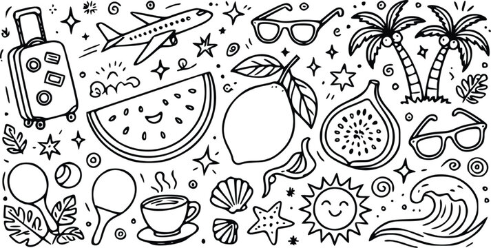 Hand drawn summer vacation vector illustration featuring a collection of travel items like airplanes palm trees and tropical fruit icons