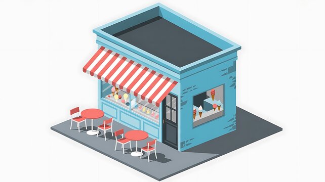 Modern blue coffee shop building with outdoor seating and striped awning in isometric style