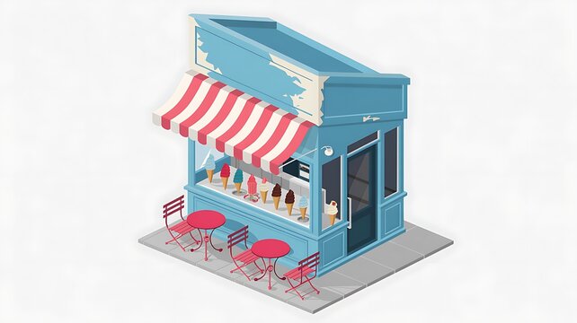 Modern blue coffee shop building with outdoor seating and striped awning in isometric style