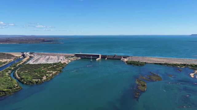 Sobradinho Dam Skyline In Sobradinho Bahia Brazil. Drone Capturing The Hydroelectric Producing Clean Energy. Tropical Eco Tourism. Wildlife Jungle. Sobradinho Bahia.