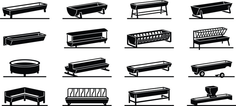Collection of livestock feeder silhouette designs with diverse trough and container styles